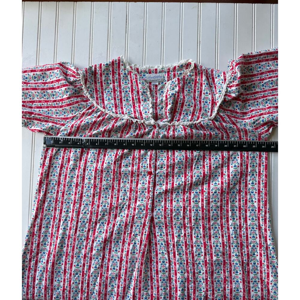 Lanz of Salzburg Flannel Small Red Floral Stripe Prairie Nightgown Ruffle Trim - Picture 12 of 13
